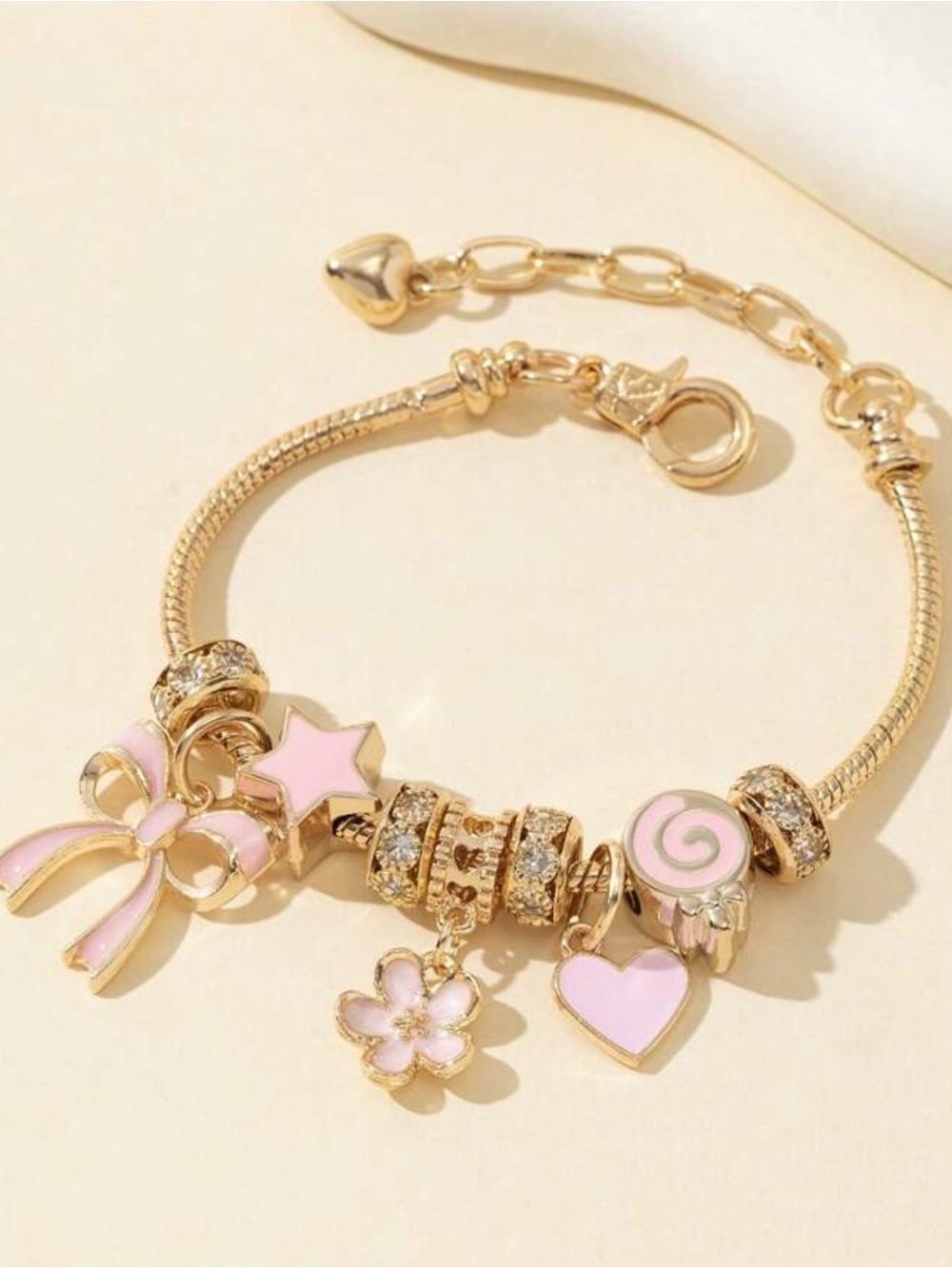 Gold-Tone Pink Charm Bracelet for Kids with Enamel Hearts & Flowers